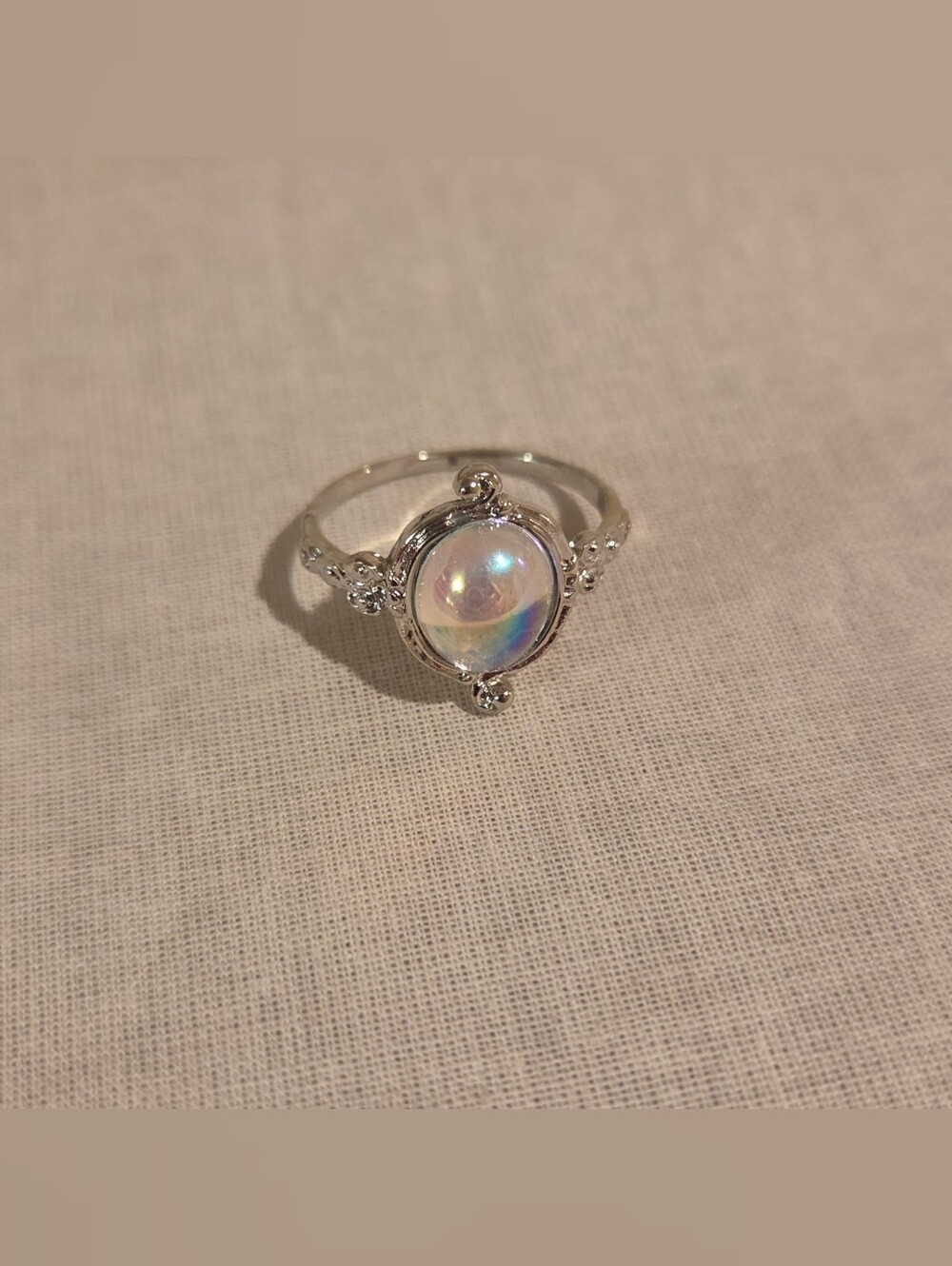 Iridescent White Moonstone-Style Silver Ring